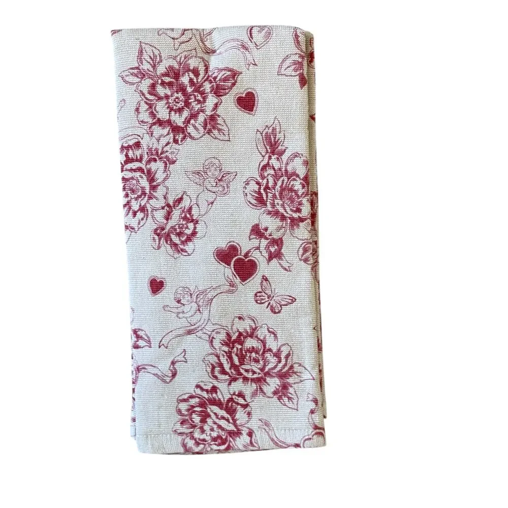 Rachel Zoe Valentine Kitchen Towels 20x28 Cotton Cupid Toile Red Beige 2pc NEW